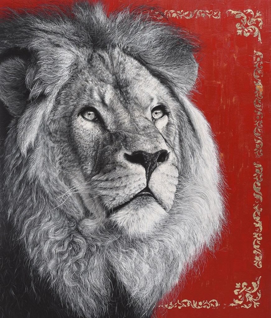 hyperrealistic painting of lion face in black and white, red background with golden damask decorations