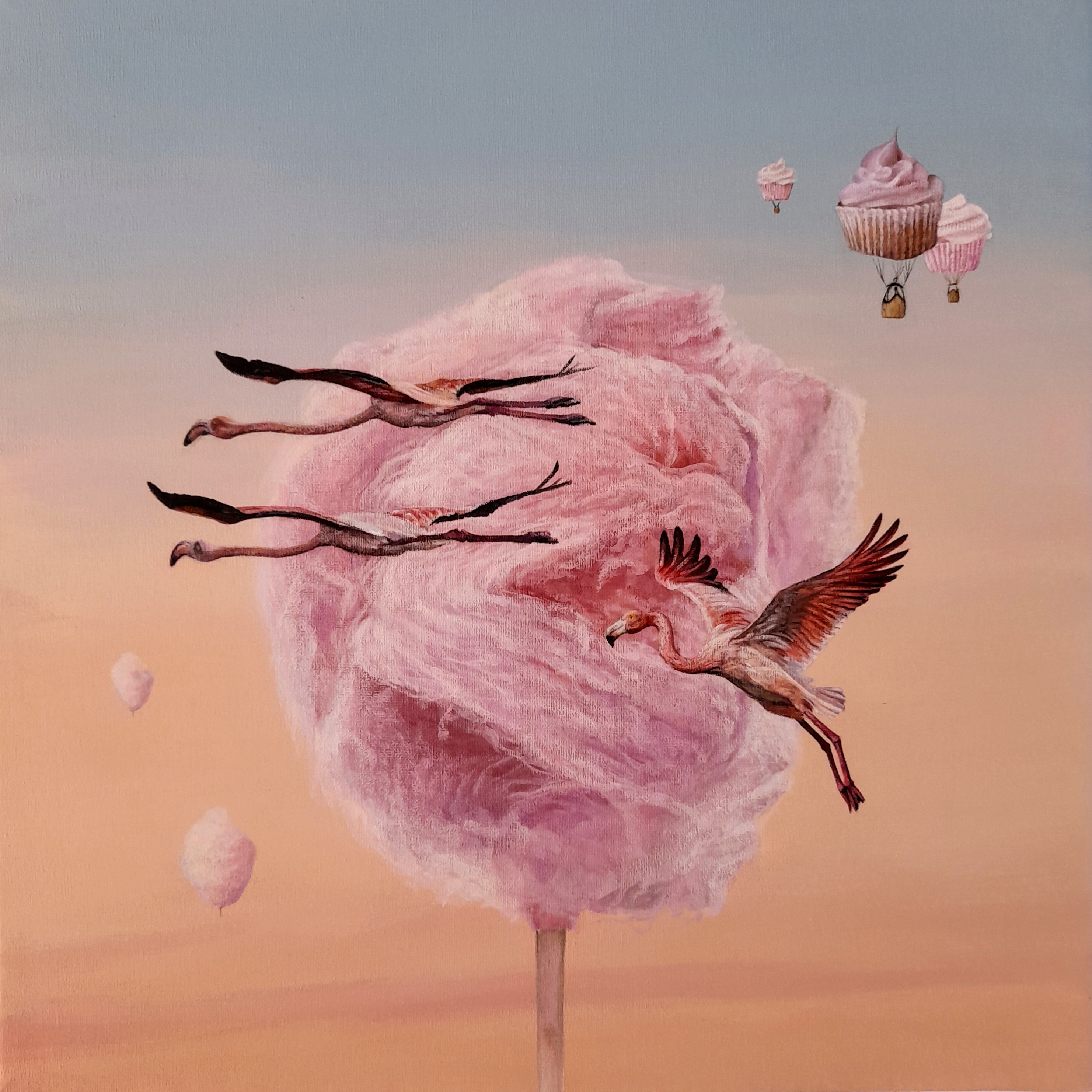 surreal painting with pink flamingos flying among clouds of pink cotton candy and cupcake hot air balloons on a peach gradient background.
