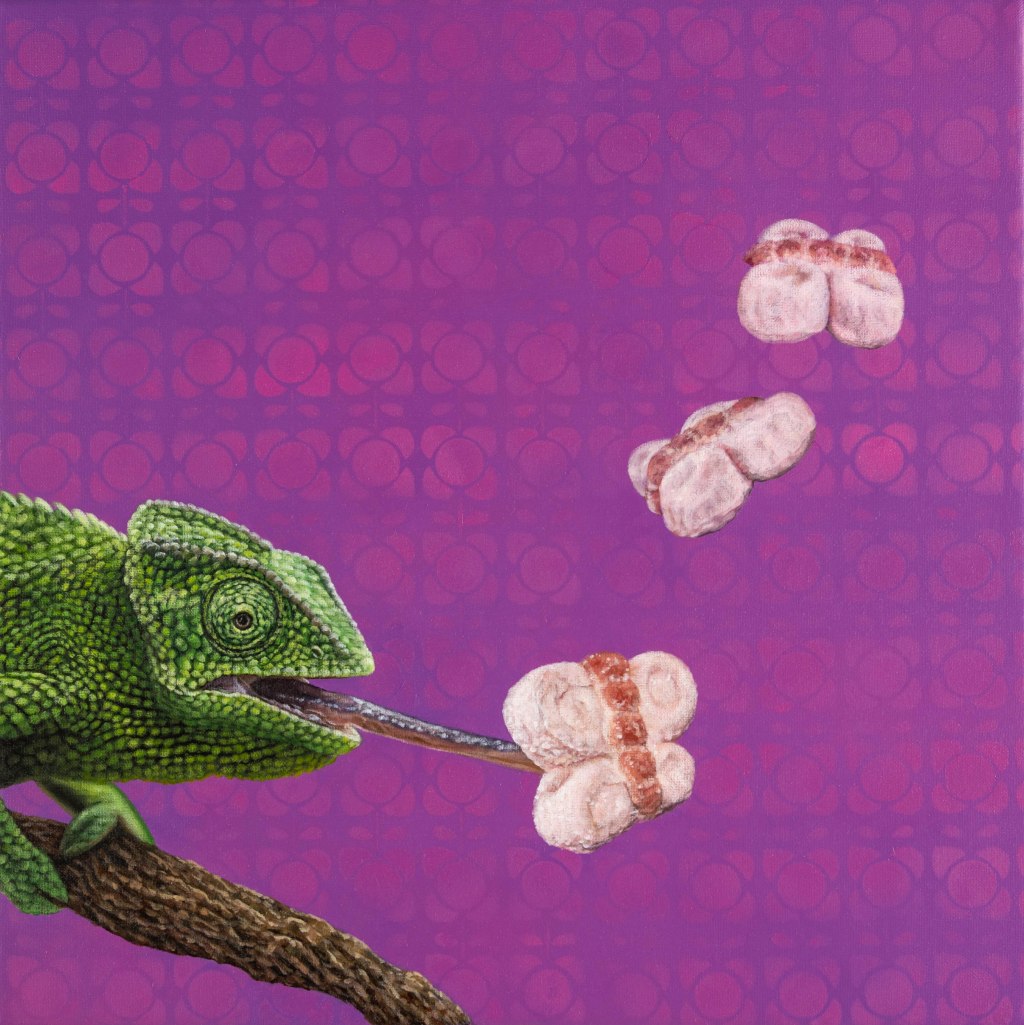Green chameleon on a branch catching pink butterfly-shaped treats with its tongue against purple.