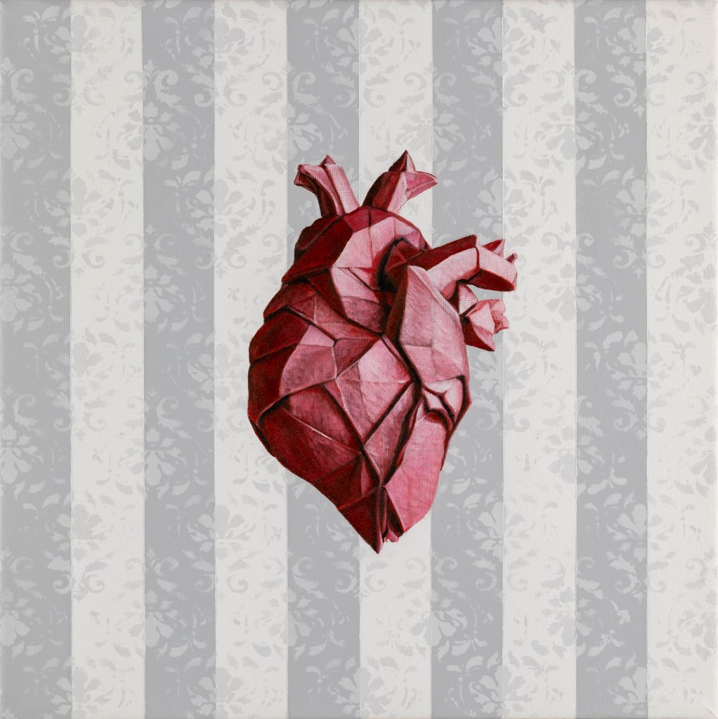 surreal painting of an anatomical heart made of red origami paper, white and grey vertical striped background decorated with light grey floral motifs