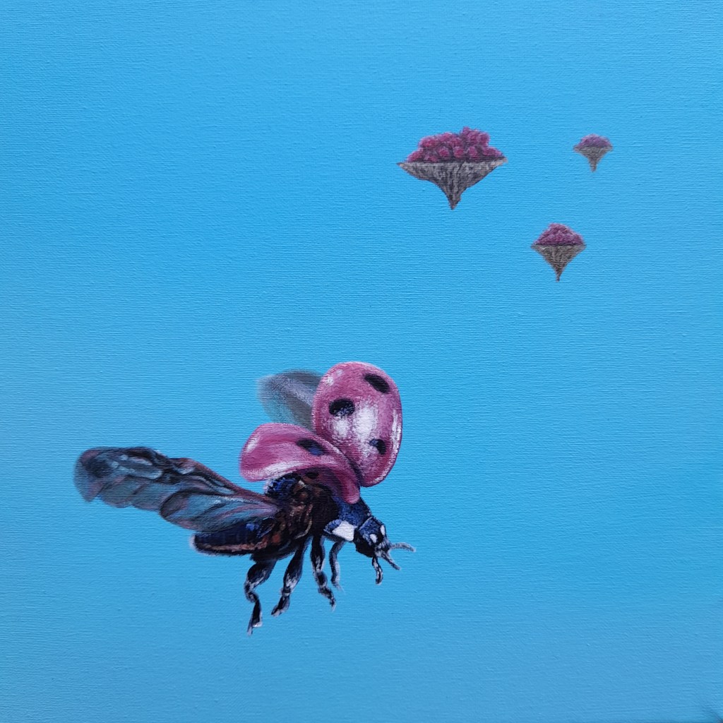 A winged pink ladybug-like creature flies toward three small floating islands in a blue sky.