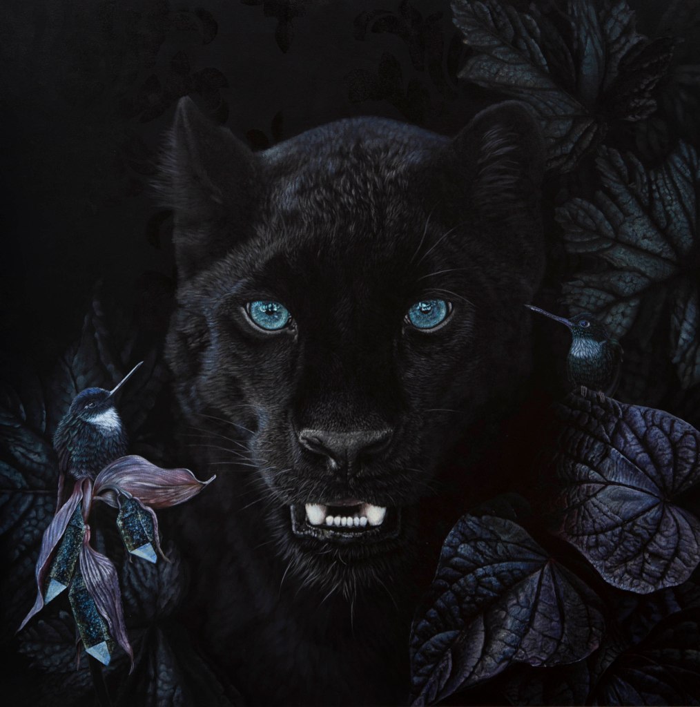 A black panther with striking blue eyes and bared teeth, framed by dark leaves and hummingbirds.