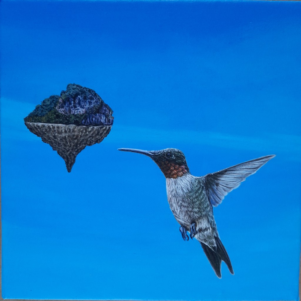 A hummingbird flying toward a small floating island against a solid blue background.