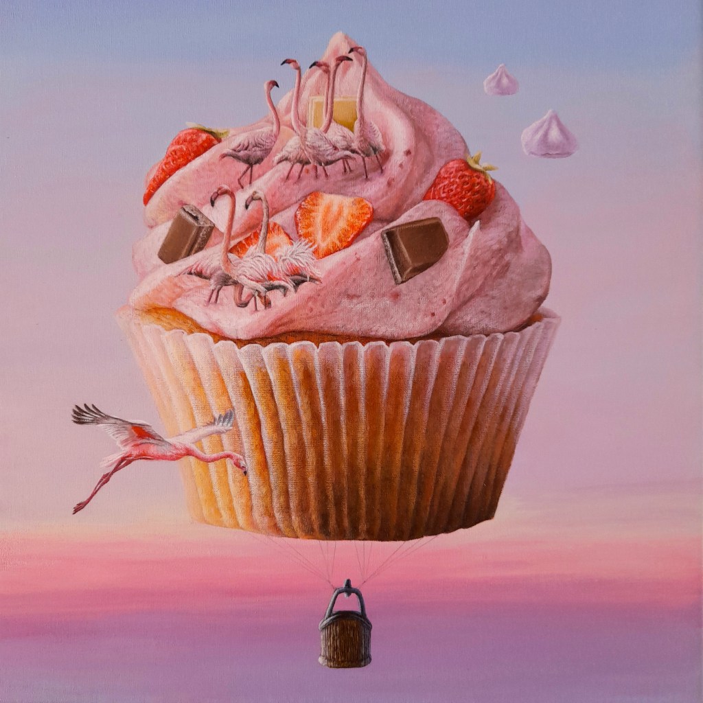 Surreal painting of a giant cupcake hot air balloon with flamingos and a suspended passenger basket.