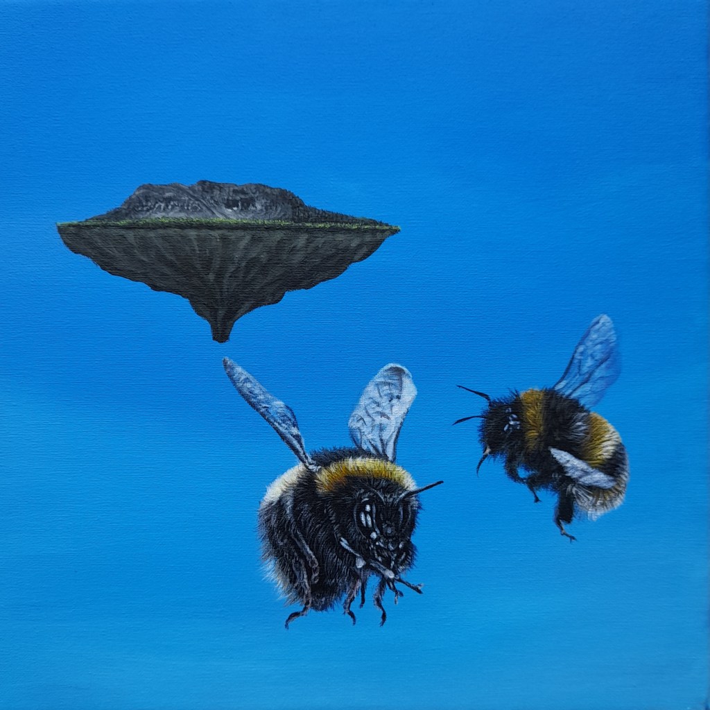 Two large bumblebees flying near a floating grassy island against a solid blue background.