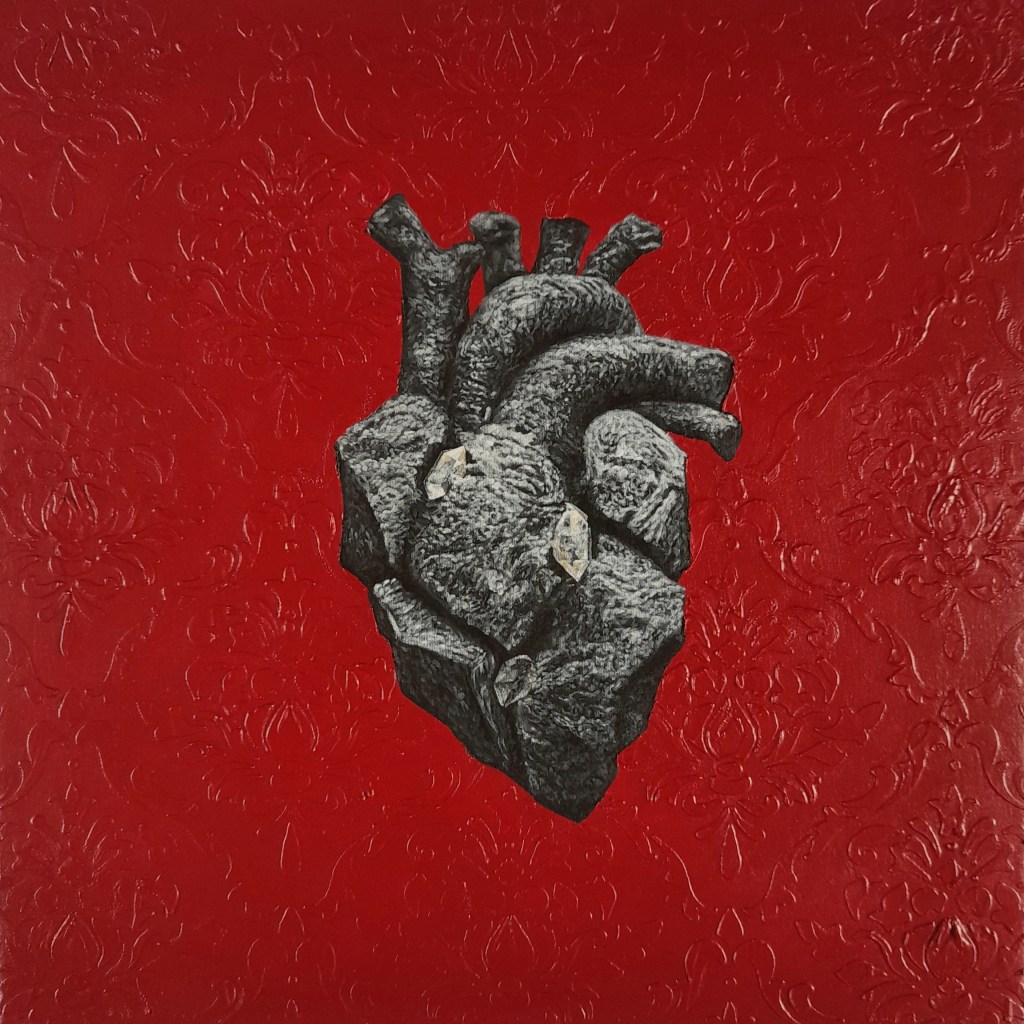 surreal painting of an anatomical heart in stone with three diamonds set in it, red background with damask decorations in relief