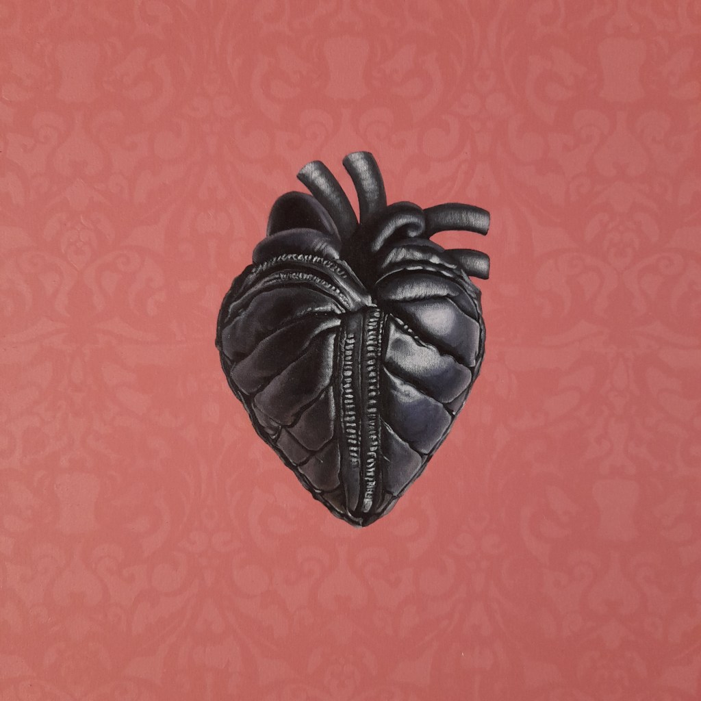 surreal painting of an anatomical heart made of quilted black leather with stitching and zip, decorated pink background