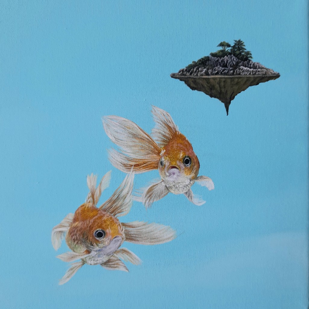 Two goldfish swimming in a blue space towards a small floating island with trees