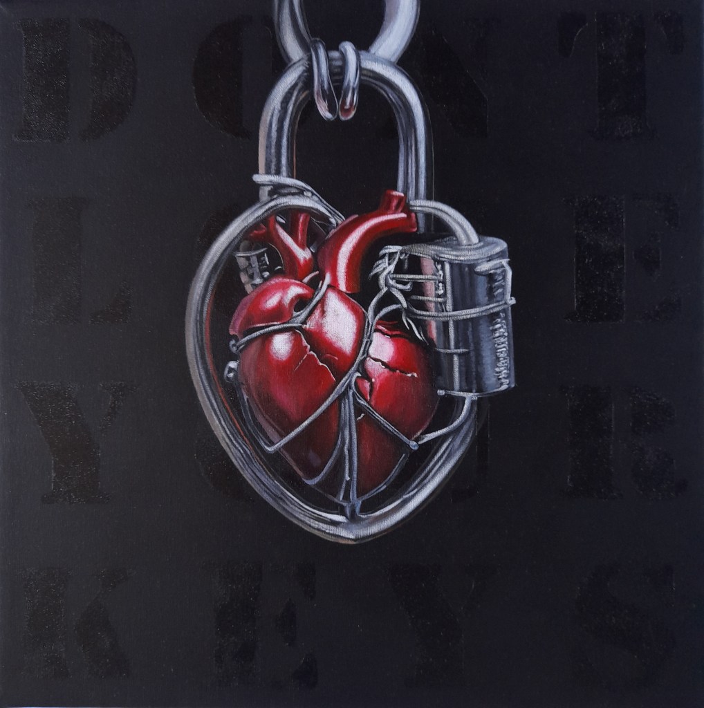 surreal painting of red anatomical heart made of metal in the shape of a padlock, on a black background